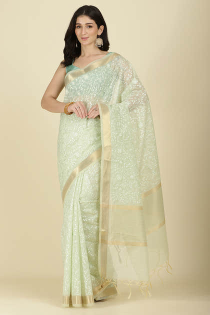 Pista Green Kota Cotton Floral Resham Woven Saree