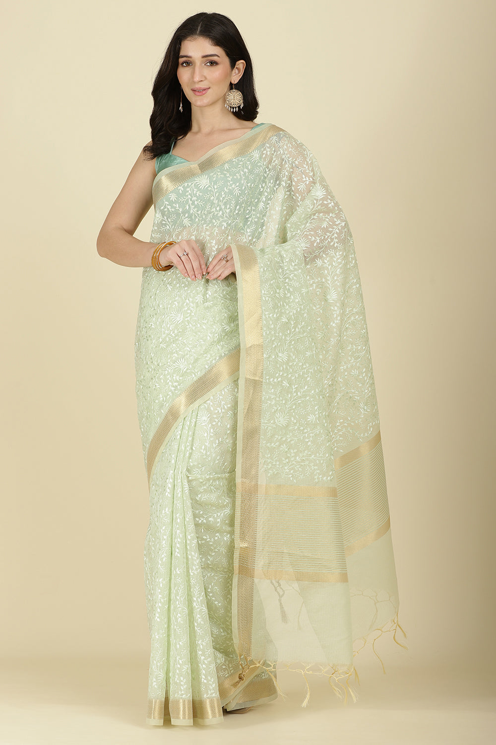 Pista Green Kota Cotton Floral Resham Woven Saree
