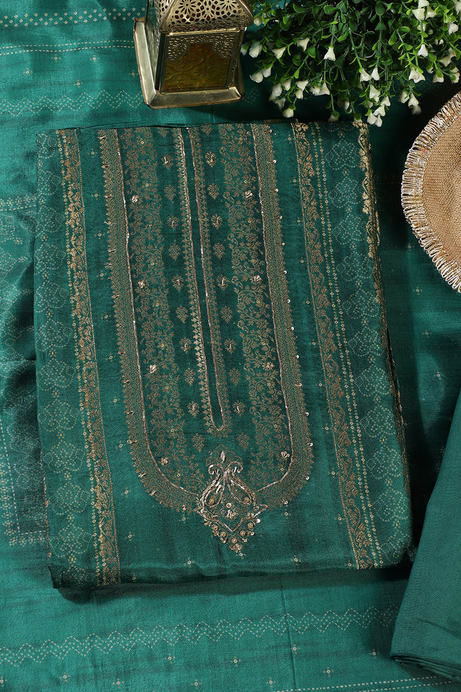 Green Silk Zari Woven And Bandhani Printed Unstitched Suit Fabric