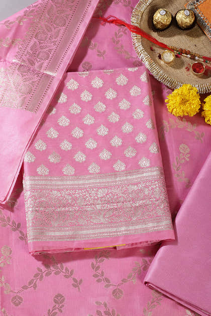 Pink Silk Zari Woven Unstitched Suit Fabric