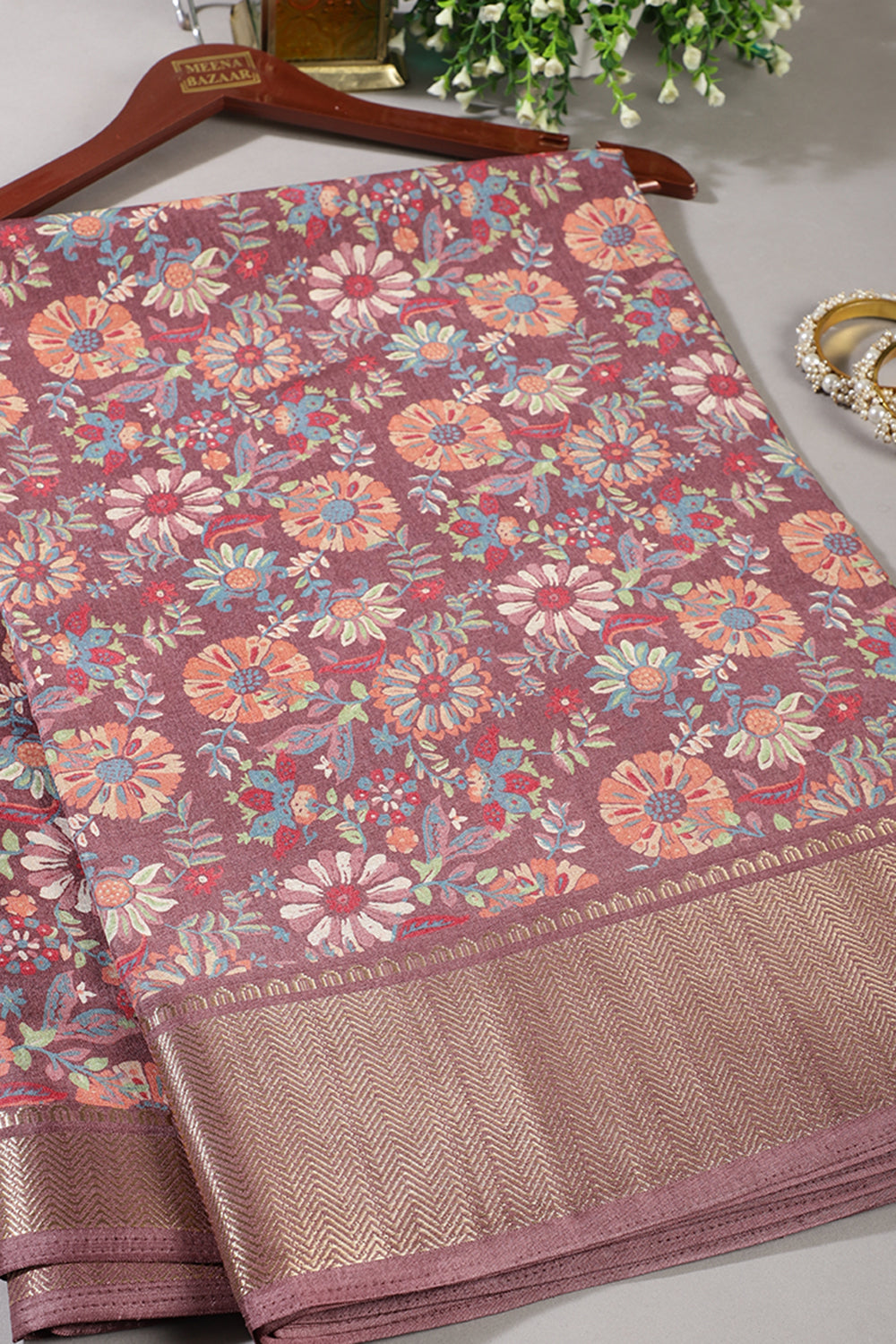 Wine Colour Floral Printed Cotton Silk Saree
