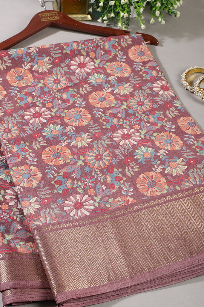 Wine Colour Floral Printed Cotton Silk Saree