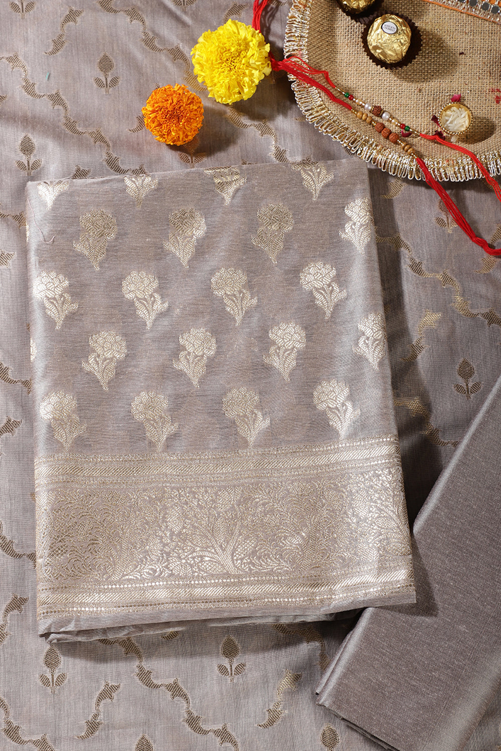 Fawn Color Silk Zari Woven Unstitched Suit Material