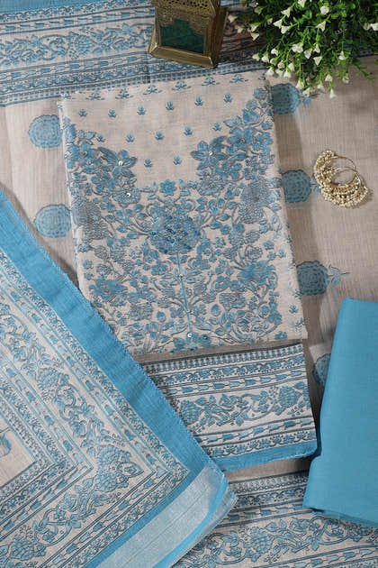 Beige & Blue Floral Printed Unstitched Suit Fabric