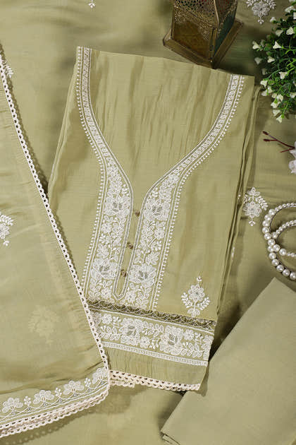 Olive Green Muslin Resham Embroidered Unstitched Suit Material