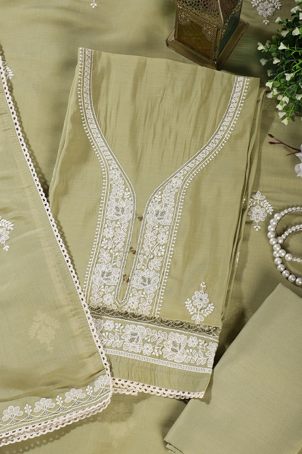 Olive Green Muslin Resham Embroidered Unstitched Suit Material