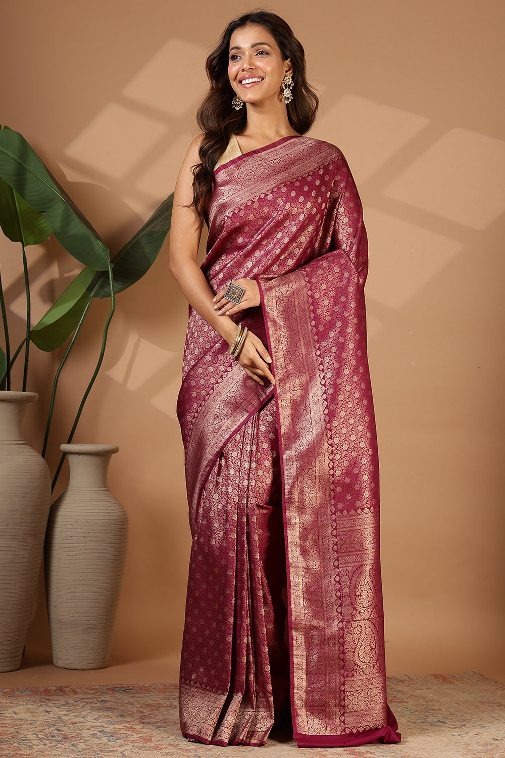 Wine Floral Zaal Woven Soft Silk Saree