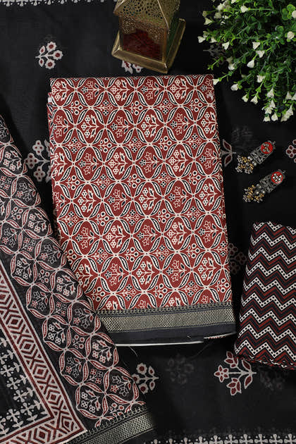 Maroon Cotton Ajrakh Block Print Unstitched Suit Material