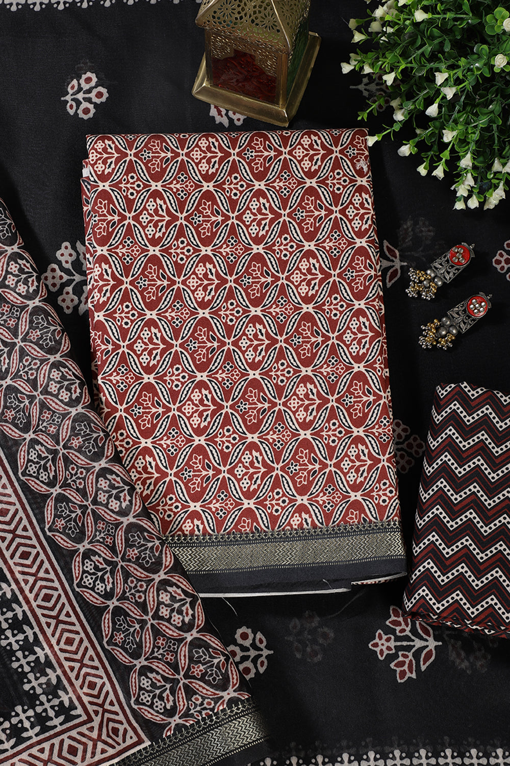 Maroon Cotton Ajrakh Block Print Unstitched Suit Material