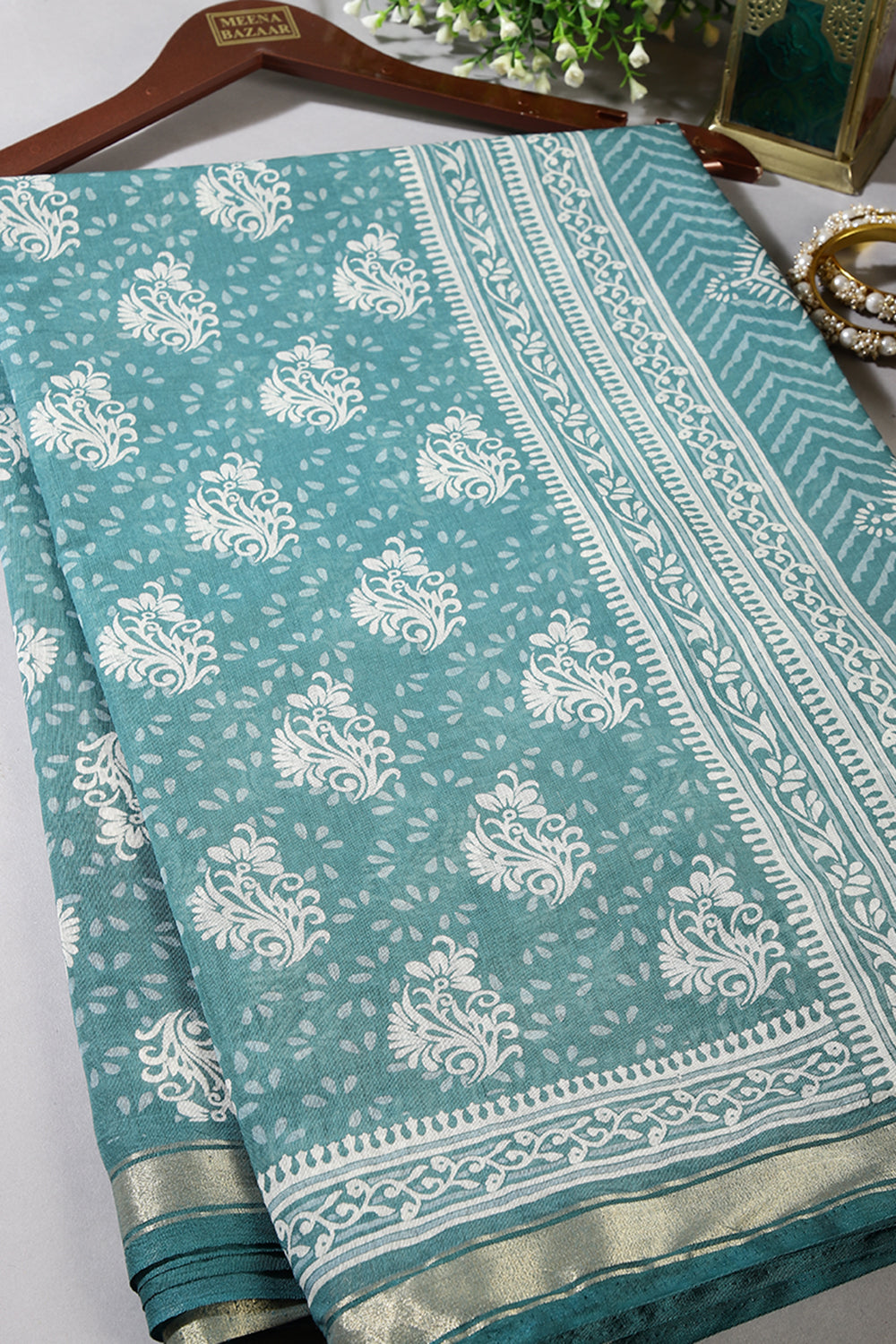 Teal Colour Cotton Printed Saree