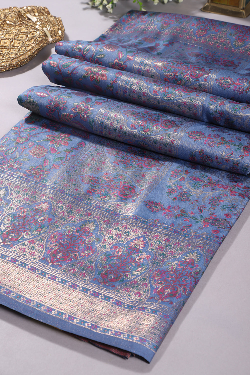 Grayish Blue Color Soft Silk Jamdani Weaving Saree