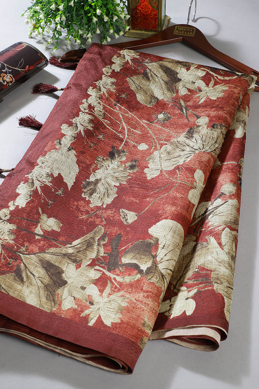 Rust Tussar Silk Floral Printed Saree