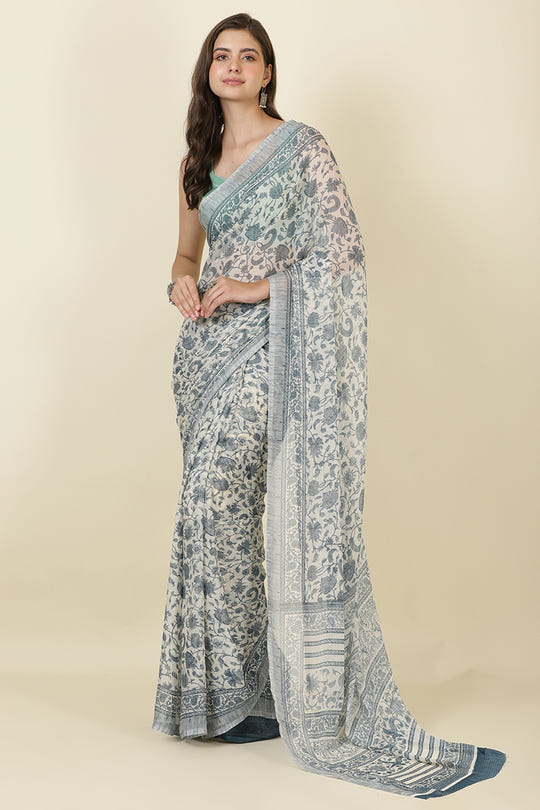 White & Blue Georgette Floral Printed Saree