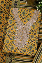Mustard Cotton Printed & Neck Embroidered Unstitched Suit Material