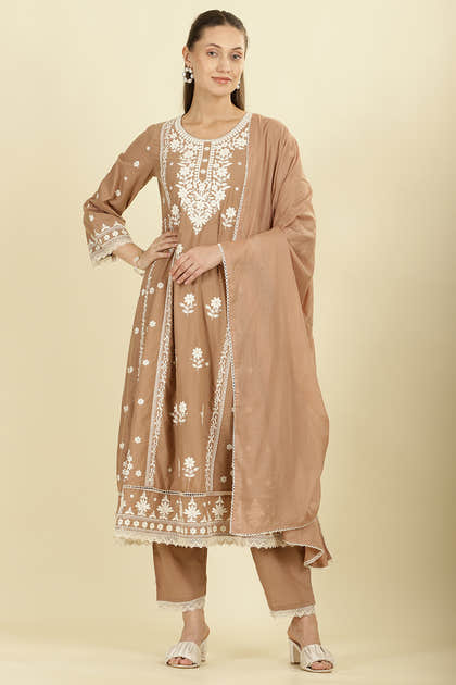 Light Brown Cotton Resham Floral Embroidered Anarkali Suit Set