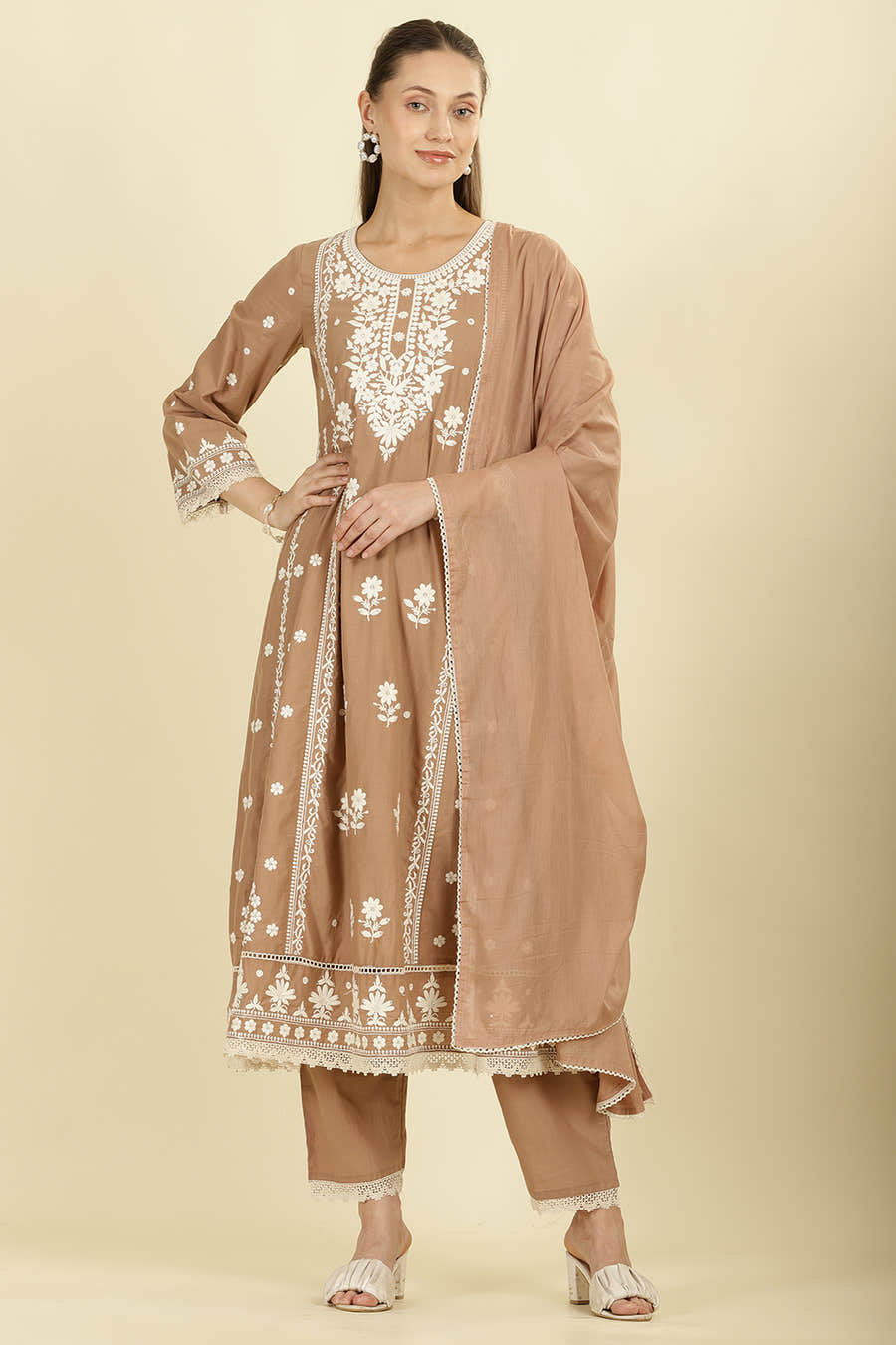 Light Brown Cotton Resham Floral Embroidered Anarkali Suit Set