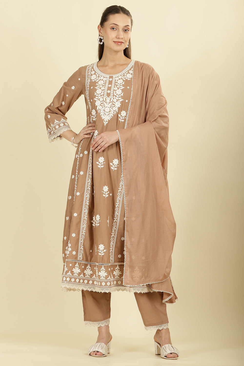 Light Brown Cotton Resham Floral Embroidered Anarkali Suit Set