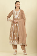 Light Brown Cotton Resham Floral Embroidered Anarkali Suit Set