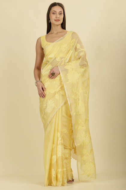 Pale Yellow Cotton Floral Resham Embroidered Saree