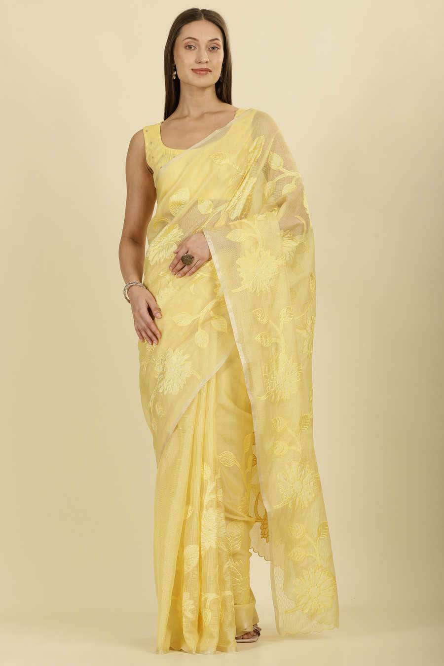 Pale Yellow Cotton Floral Resham Embroidered Saree