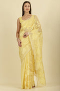 Pale Yellow Cotton Floral Resham Embroidered Saree