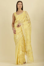 Pale Yellow Cotton Floral Resham Embroidered Saree