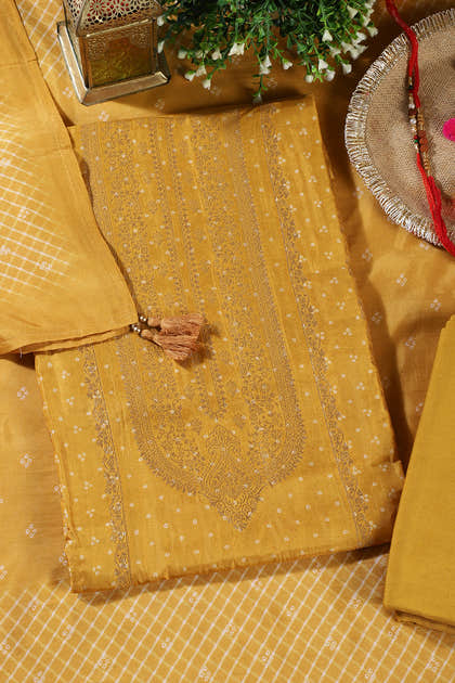Mustard Zari Woven And Bandhani Printed Silk Unstitched Suit Fabric