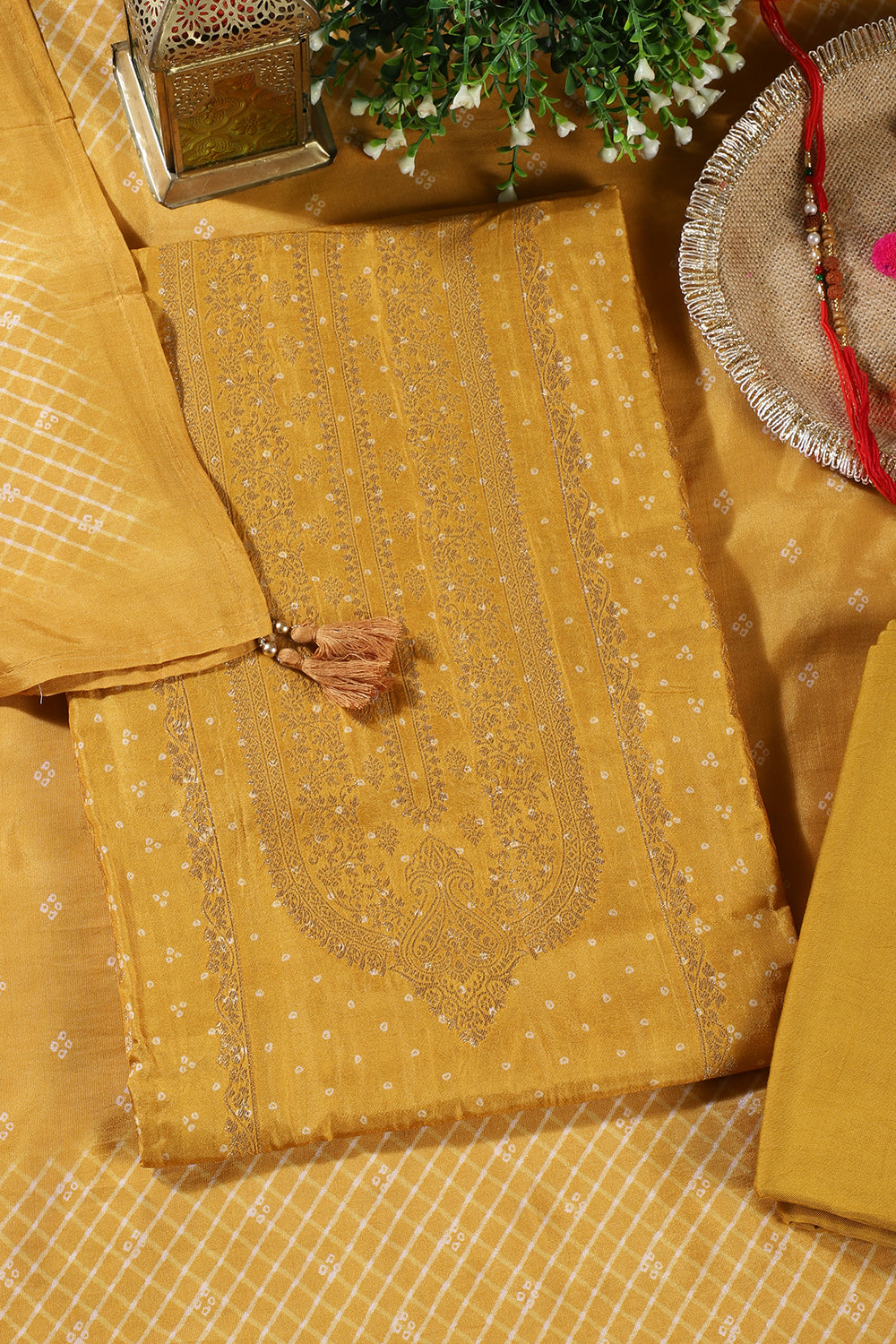 Mustard Zari Woven And Bandhani Printed Silk Unstitched Suit Fabric