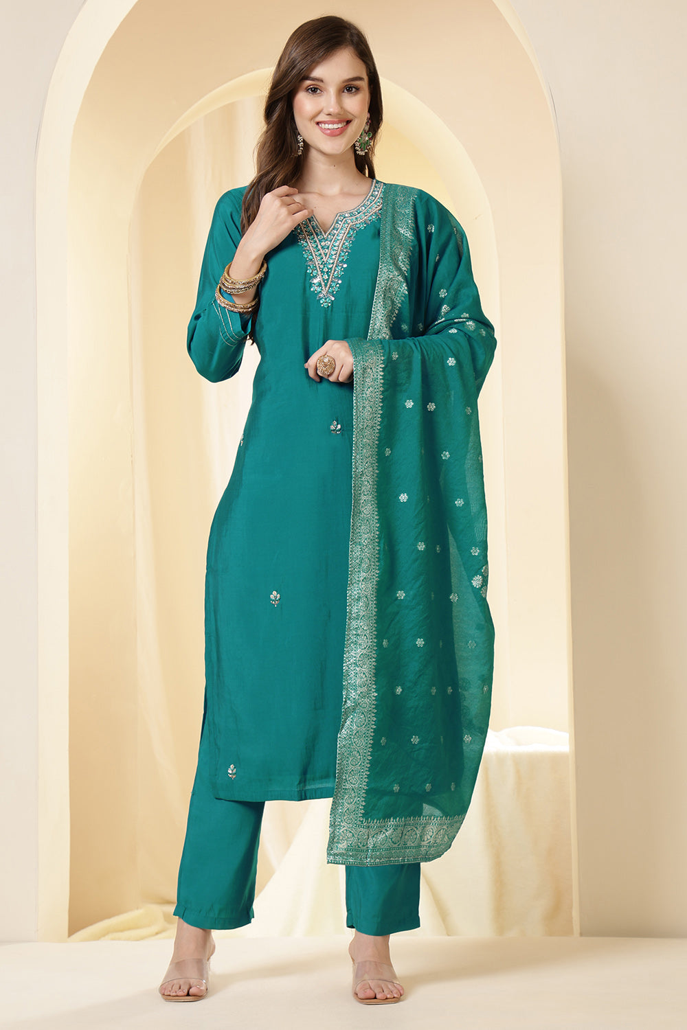 Teal Silk Embroidered Suit Set