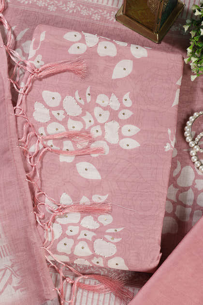 Pink Color Printed Linen Cotton Unstitched Suits