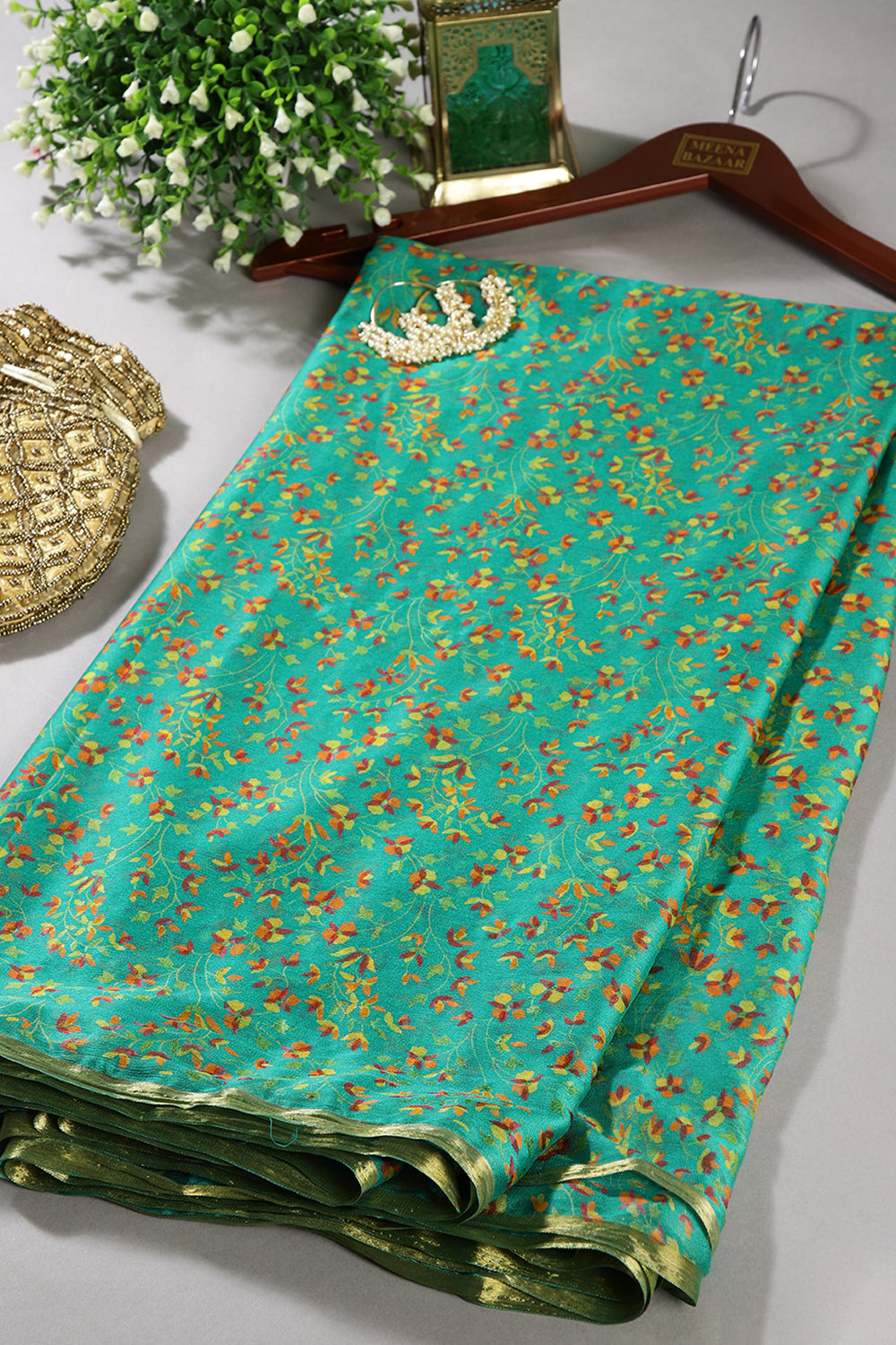 Teal Green Color Chiffon Floral Zari Border Printed Saree