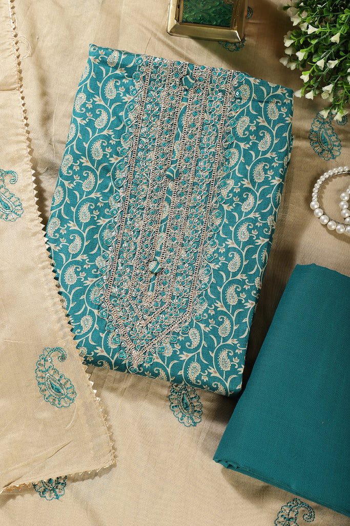 Teal Blue Cotton Digital Buta-Printed & Neck Embroidered Unstitched Suit