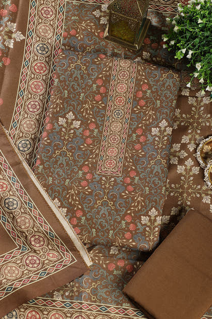 Olive Green Digital Printed Pashmina Unstitched Suit Fabric
