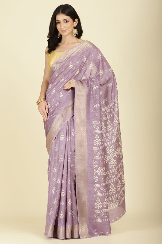 Lavender Cotton Silk Printed And Zari Woven Saree