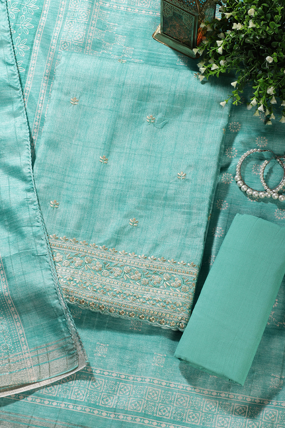 Sea Green Tussar Silk Embroidered Unstitched Suit Material (Copy)