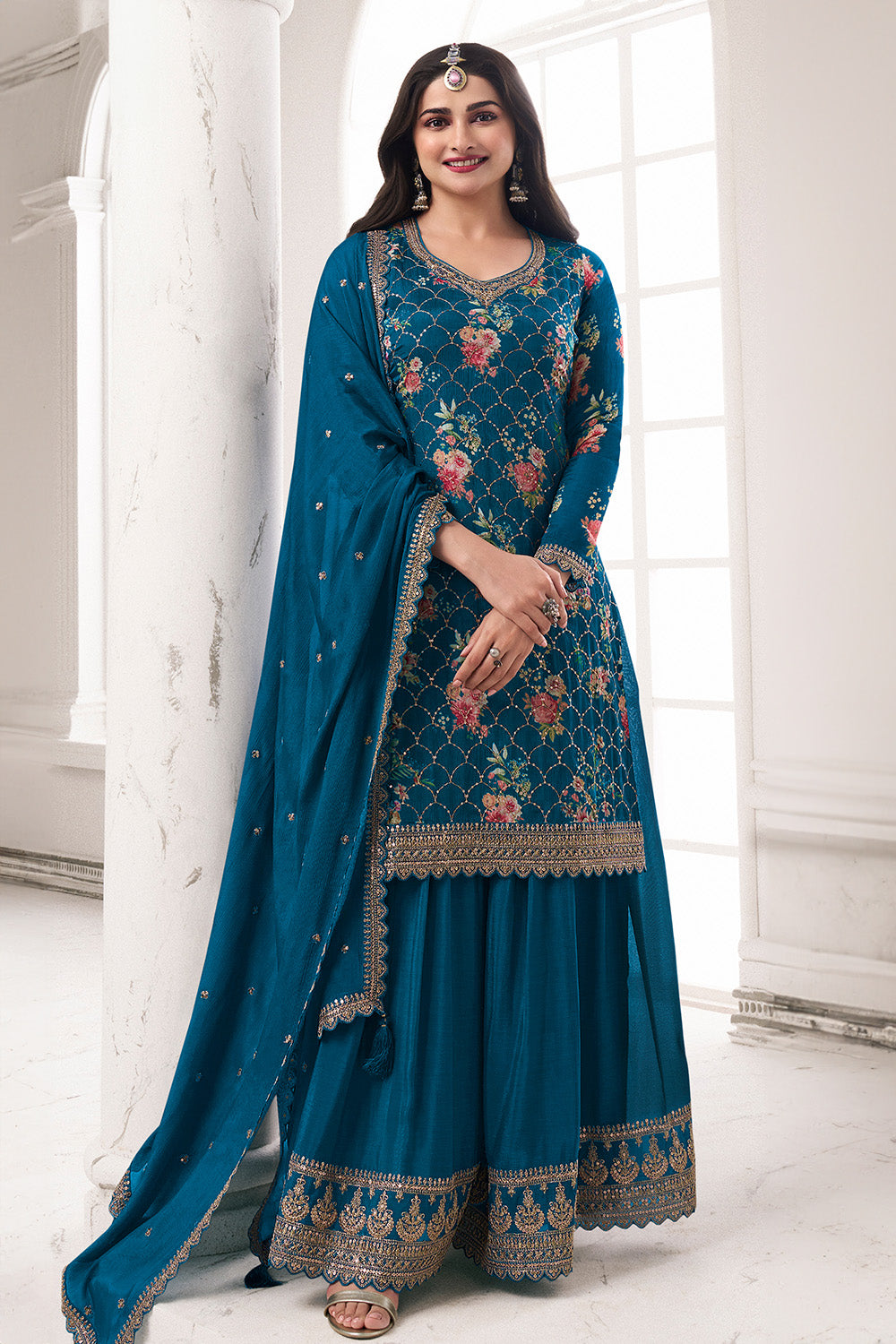 Blue Color Printed Crepe Unstitched Suit Material With Stitched Palazzo
