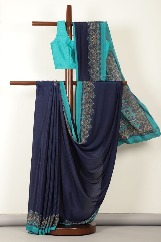 Navy Kashmiri-Inspired Floral Printed Crepe Saree