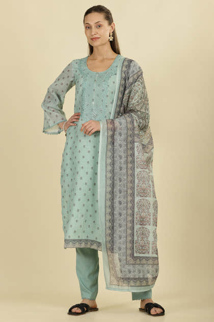 Mint Green Cotton Floral Printed And Neck-EmborideredUnstitched Suit Material