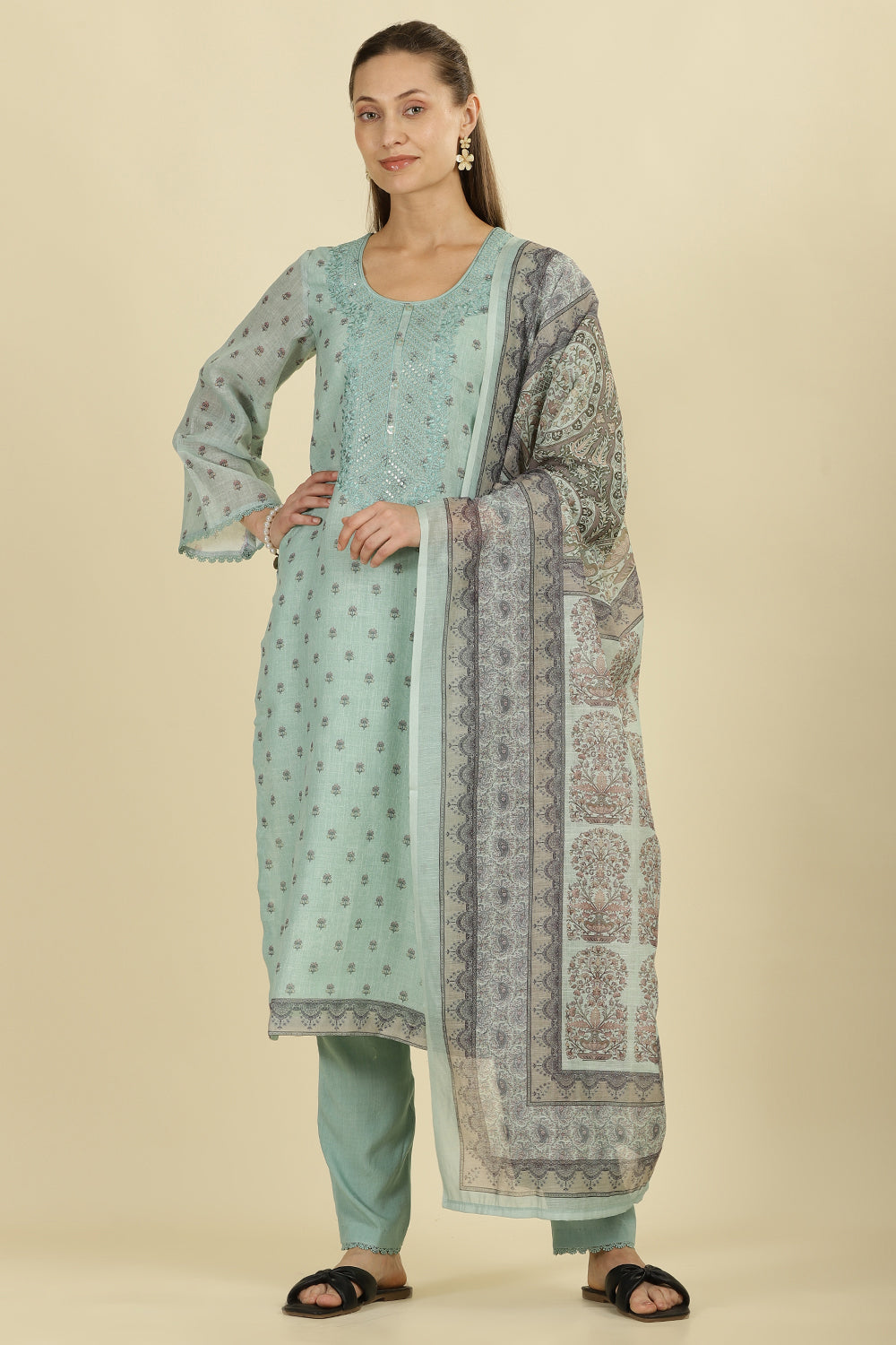 Mint Green Cotton Floral Printed And Neck-EmborideredUnstitched Suit Material