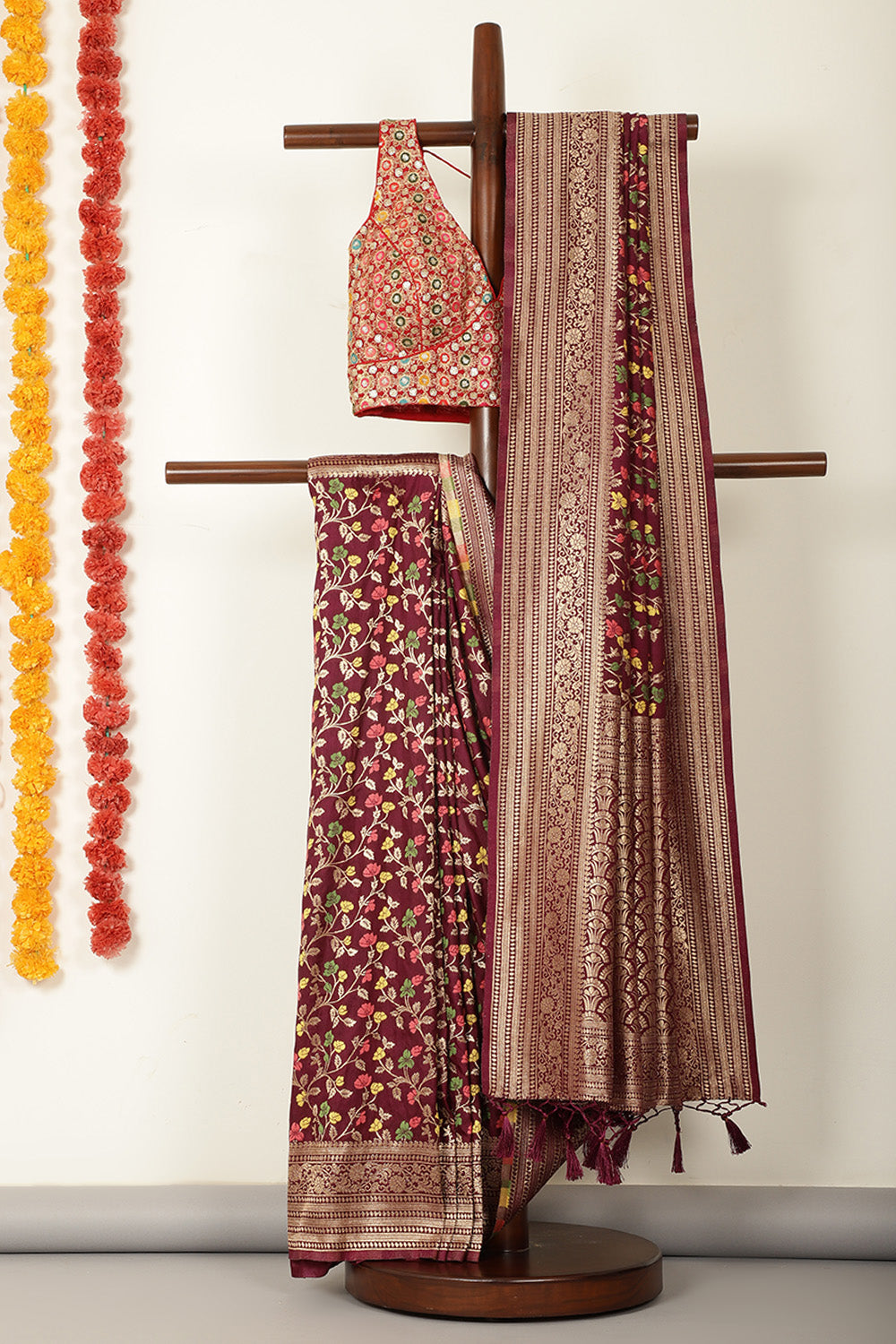 Wine Silk Resham & Zari Woven Saree