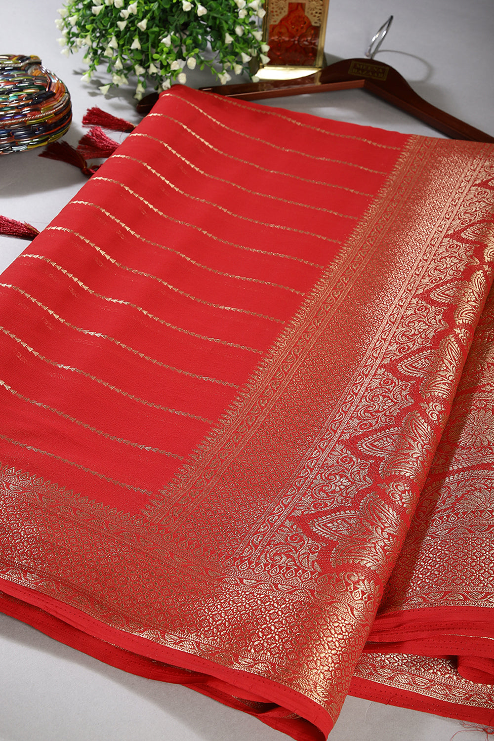 Red Color Georgette Saree with Zari Pinstripes
