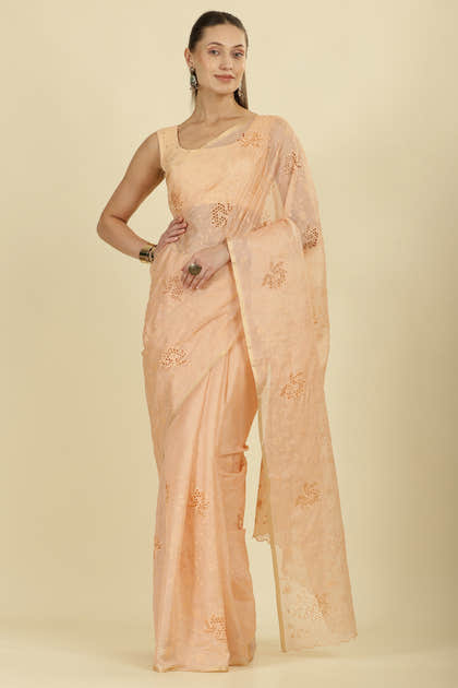 Light Peach Floral Resham Embroidered Cotton Saree
