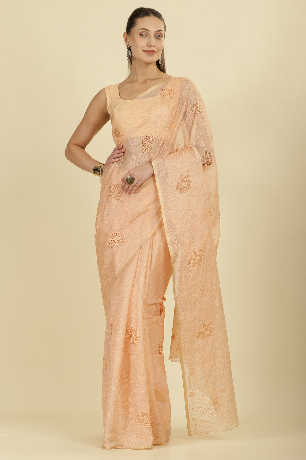 Light Peach Floral Resham Embroidered Cotton Saree