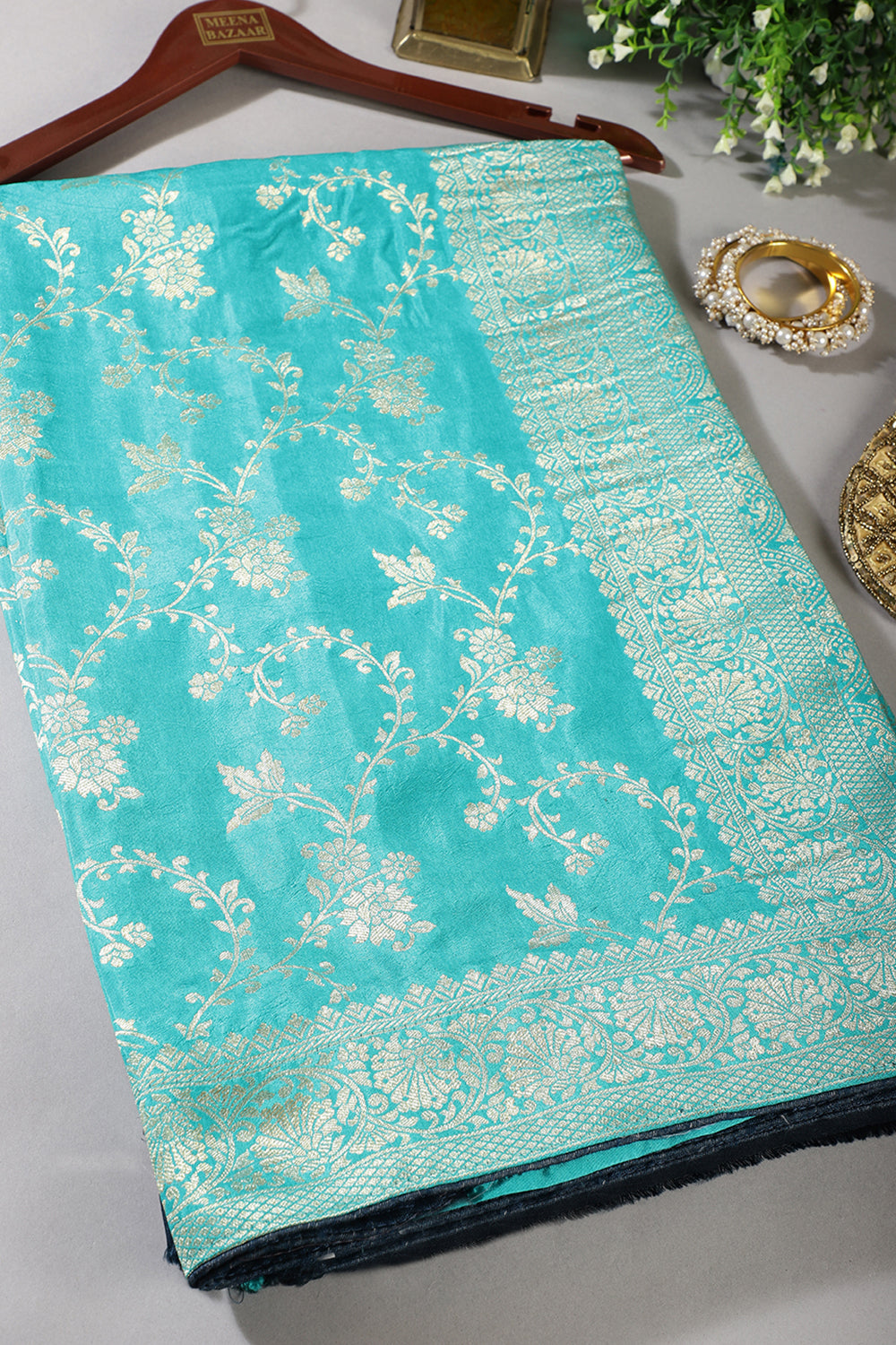 Turquoise Banarasi Silk Zari Floral Zaal Woven Saree