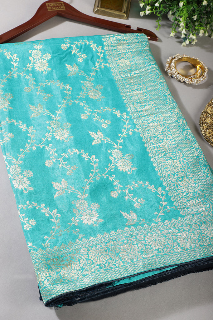 Turquoise Banarasi Silk Zari Floral Zaal Woven Saree