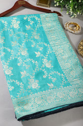 Turquoise Banarasi Silk Zari Floral Zaal Woven Saree