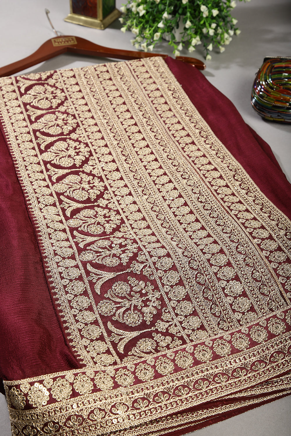 Dark Scarlet Color Crepe Zari Embroidered Saree