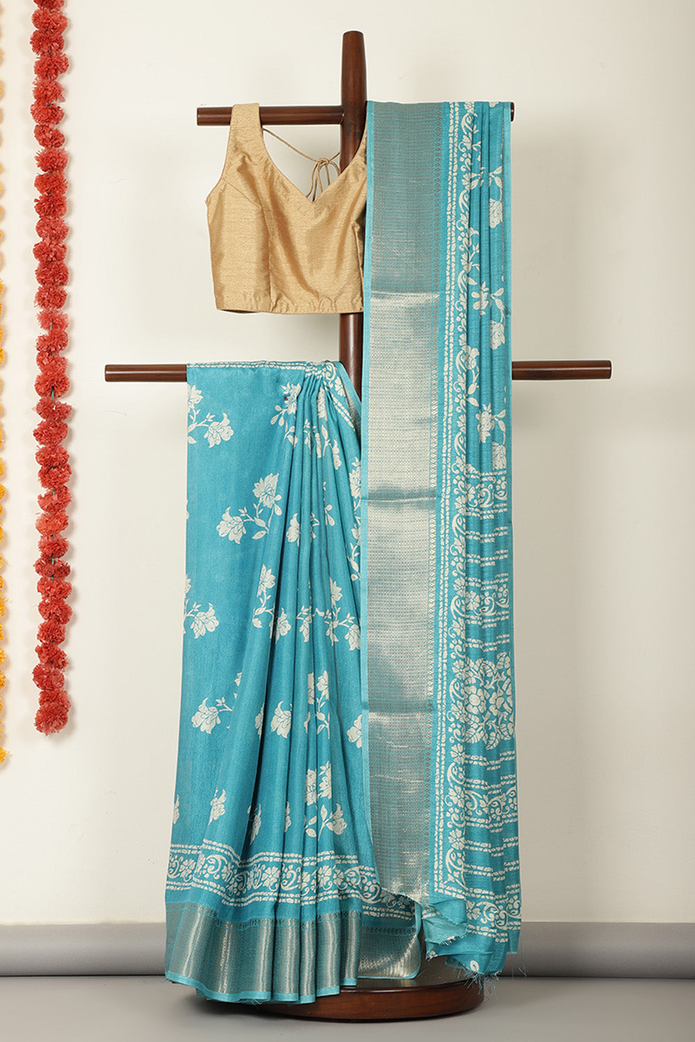 Turquoise Cotton Silk Block Printed Saree