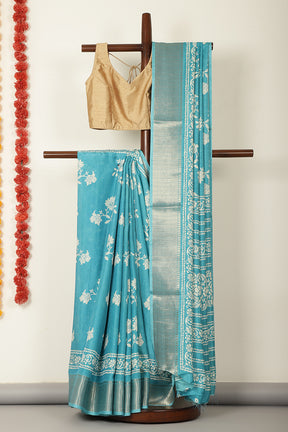 Turquoise Cotton Silk Block Printed Saree