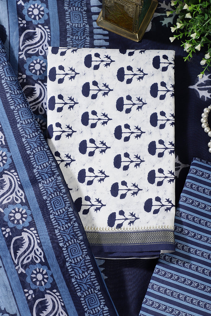 Navy And White Cotton  Zari Border & Floral Block Print Unstitched Suit Material